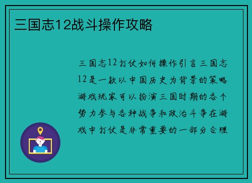 三国志12战斗操作攻略